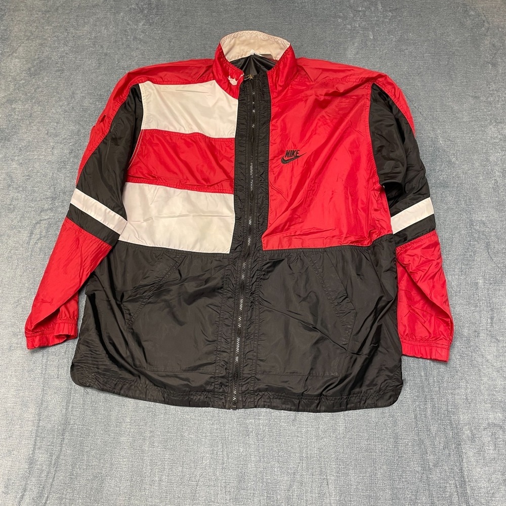 VTG Nike Windbreaker Jacket Womens XL 18/20 Red Black Color Block Nylon Full Zip